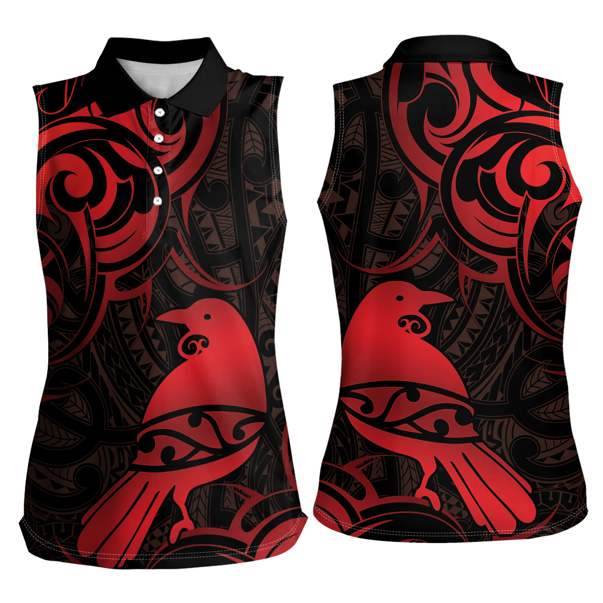 New Zealand Tui Bird Women Sleeveless Polo Shirt Aotearoa Maori Pattern - Red