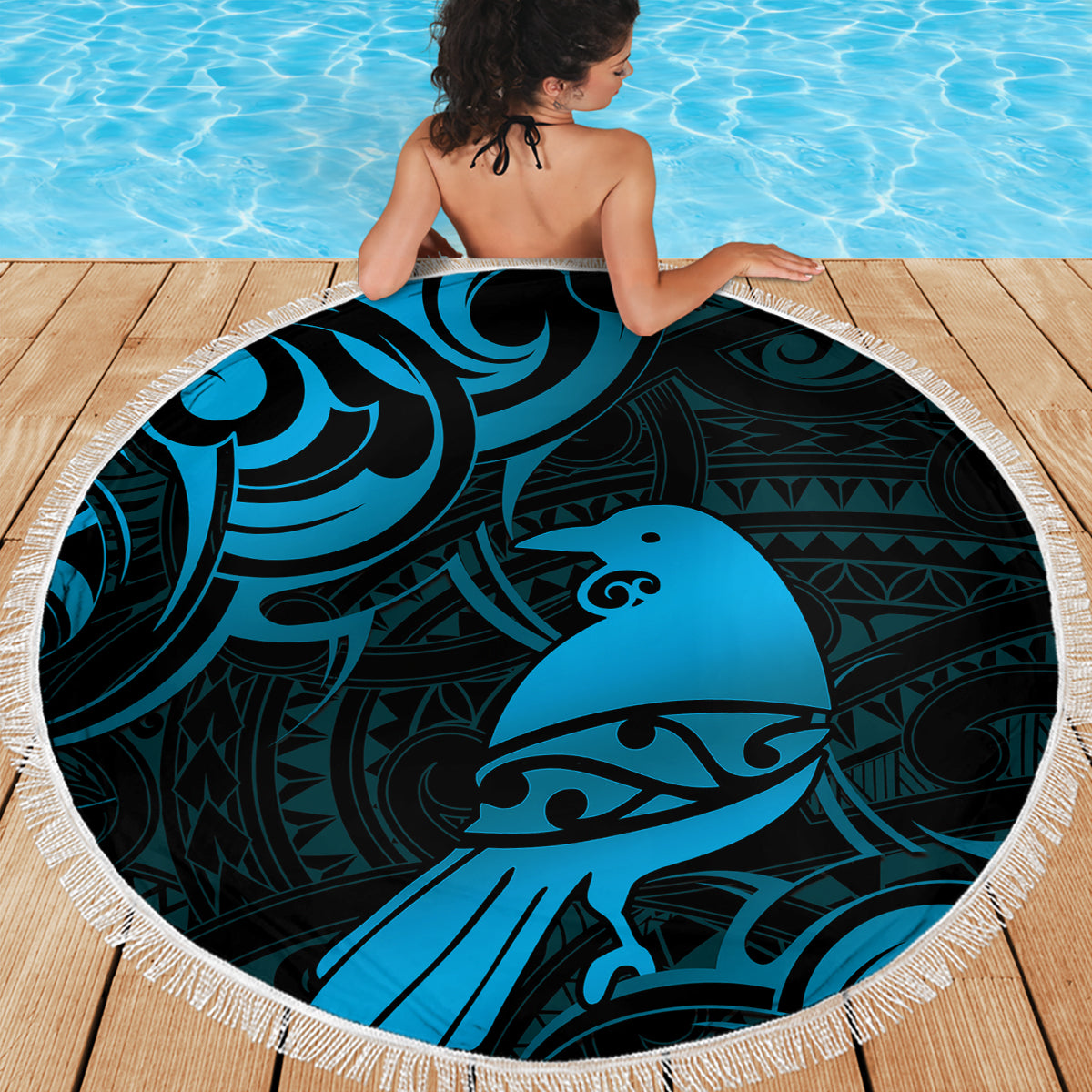 New Zealand Tui Bird Beach Blanket Aotearoa Maori Pattern - Blue