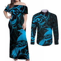 New Zealand Tui Bird Couples Matching Off Shoulder Maxi Dress and Long Sleeve Button Shirt Aotearoa Maori Pattern - Blue
