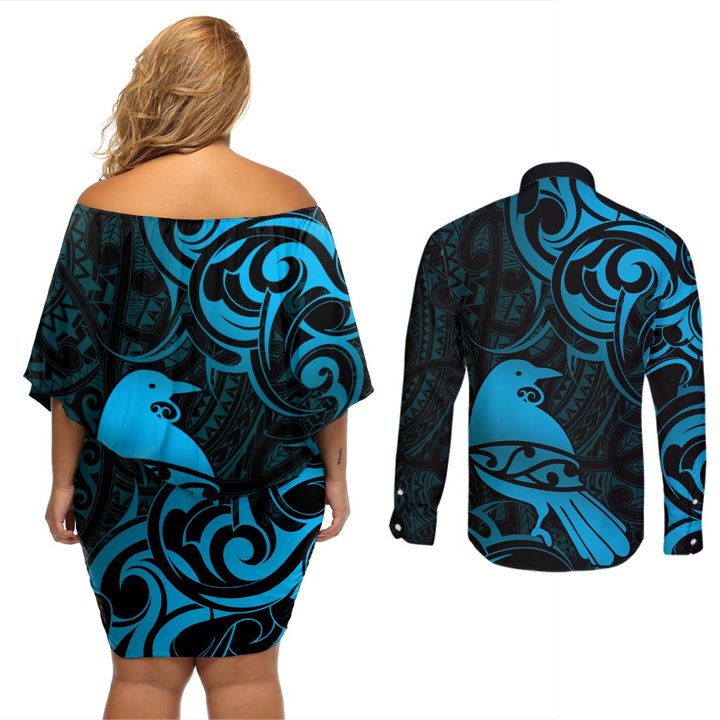 New Zealand Tui Bird Couples Matching Off Shoulder Short Dress and Long Sleeve Button Shirt Aotearoa Maori Pattern - Blue