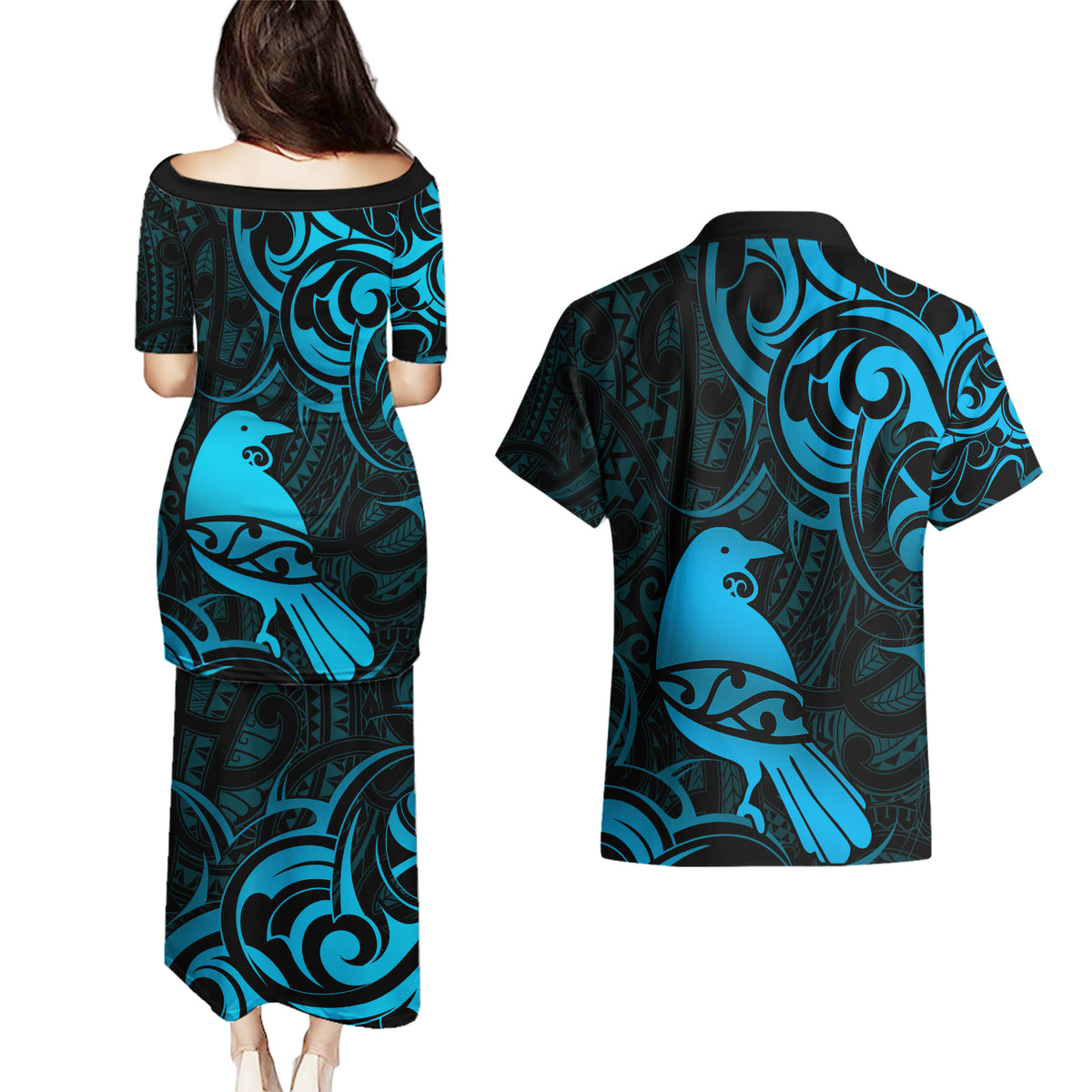 New Zealand Tui Bird Couples Matching Puletasi and Hawaiian Shirt Aotearoa Maori Pattern - Blue