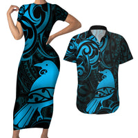 New Zealand Tui Bird Couples Matching Short Sleeve Bodycon Dress and Hawaiian Shirt Aotearoa Maori Pattern - Blue LT14 Blue - Polynesian Pride