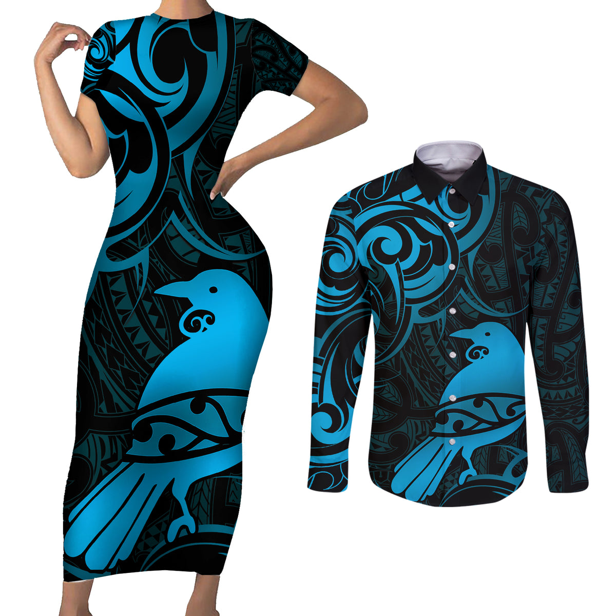 New Zealand Tui Bird Couples Matching Short Sleeve Bodycon Dress and Long Sleeve Button Shirt Aotearoa Maori Pattern - Blue LT14 Blue - Polynesian Pride