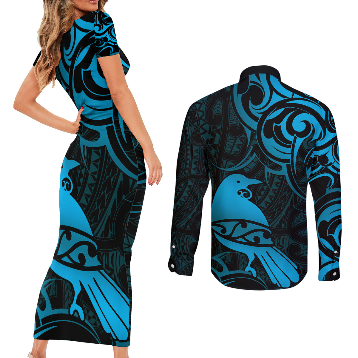New Zealand Tui Bird Couples Matching Short Sleeve Bodycon Dress and Long Sleeve Button Shirt Aotearoa Maori Pattern - Blue LT14 - Polynesian Pride