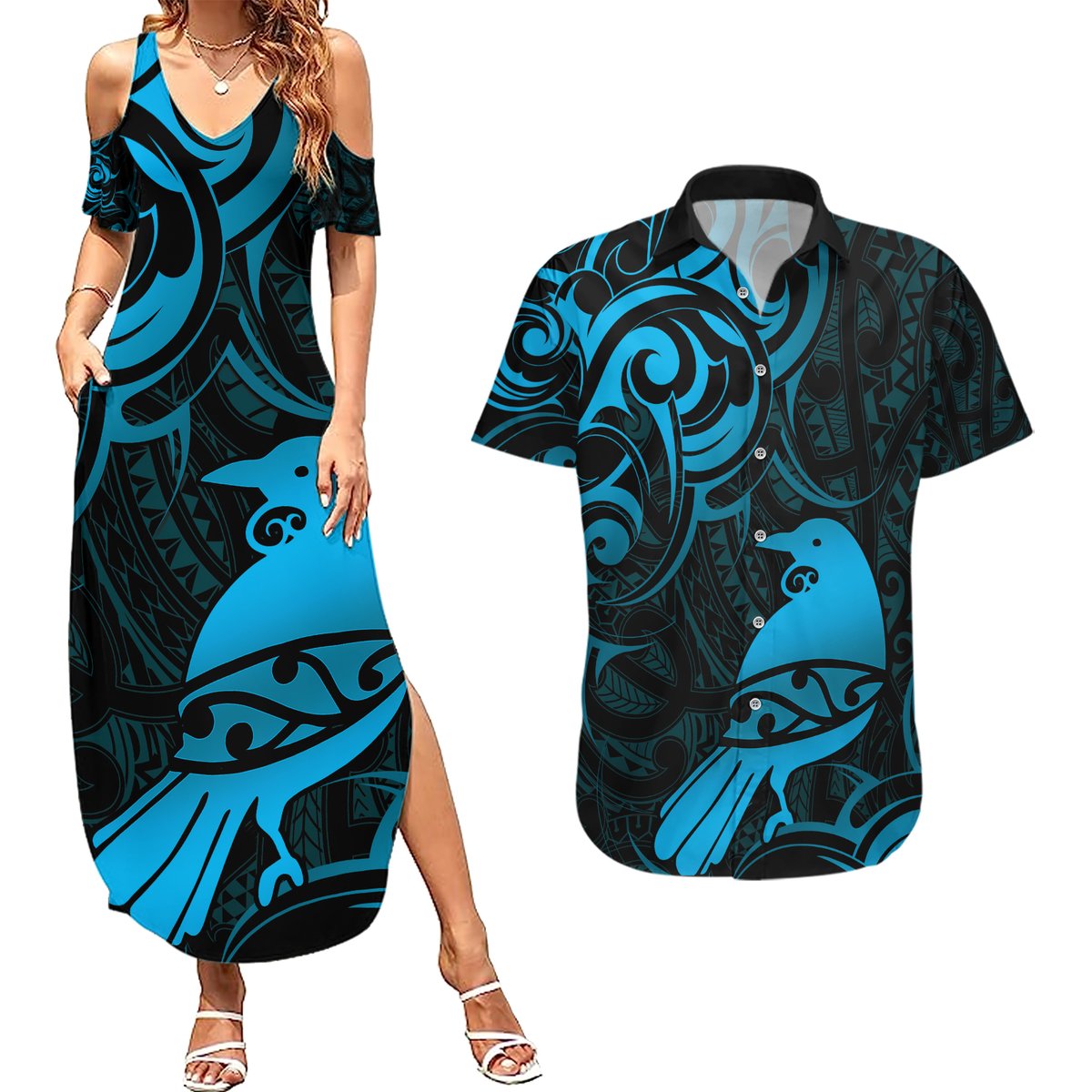 New Zealand Tui Bird Couples Matching Summer Maxi Dress and Hawaiian Shirt Aotearoa Maori Pattern - Blue