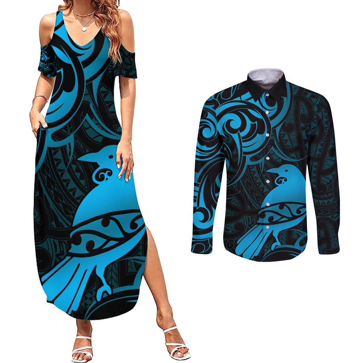 New Zealand Tui Bird Couples Matching Summer Maxi Dress and Long Sleeve Button Shirt Aotearoa Maori Pattern - Blue