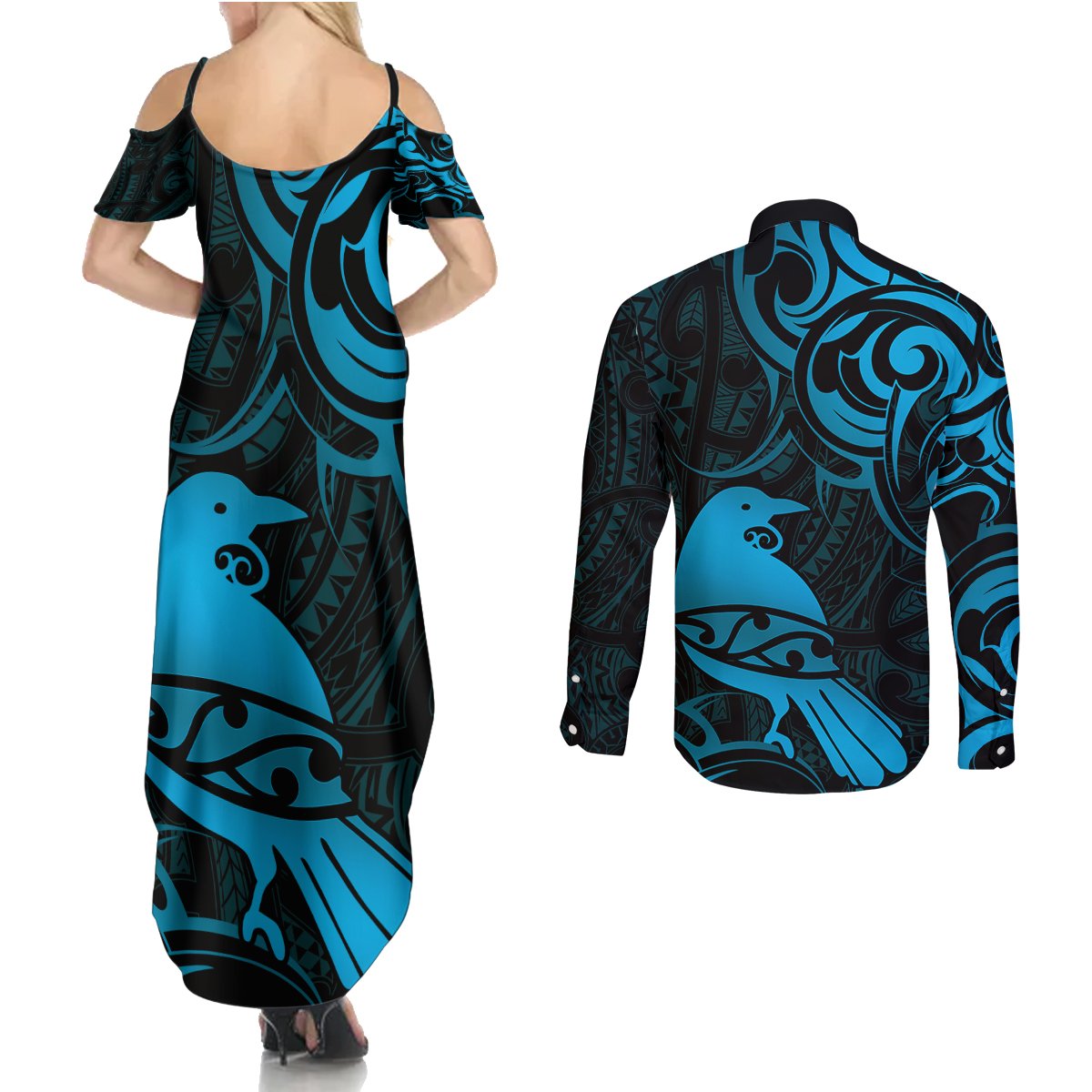 New Zealand Tui Bird Couples Matching Summer Maxi Dress and Long Sleeve Button Shirt Aotearoa Maori Pattern - Blue