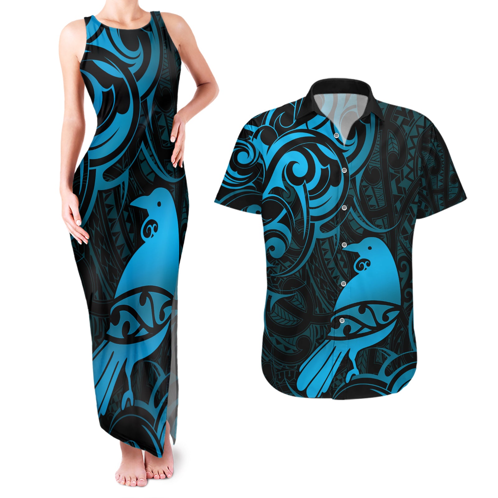 New Zealand Tui Bird Couples Matching Tank Maxi Dress and Hawaiian Shirt Aotearoa Maori Pattern - Blue