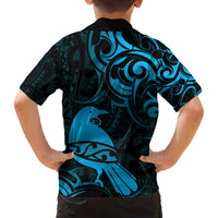 New Zealand Tui Bird Family Matching Long Sleeve Bodycon Dress and Hawaiian Shirt Aotearoa Maori Pattern - Blue LT14 - Polynesian Pride