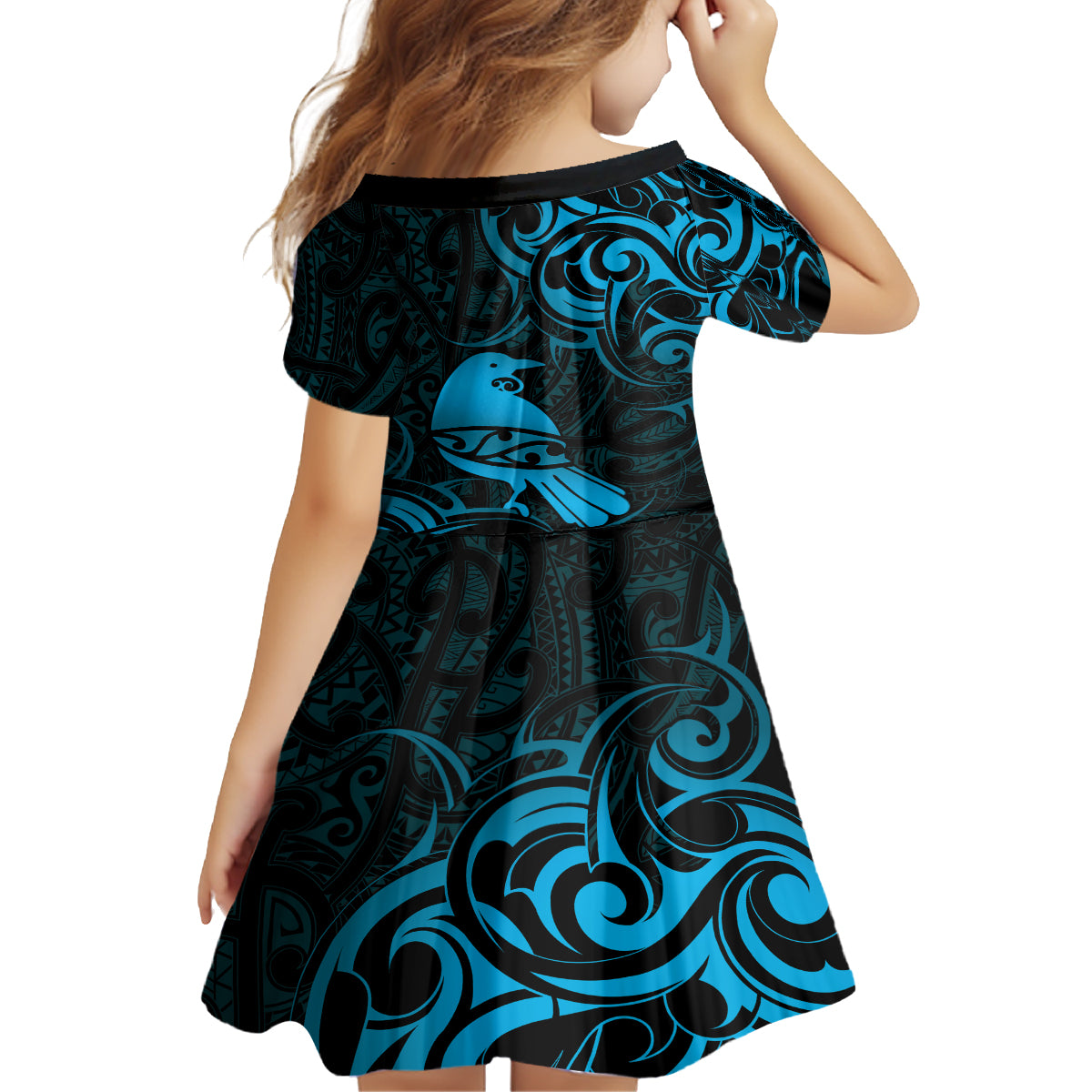 New Zealand Tui Bird Family Matching Long Sleeve Bodycon Dress and Hawaiian Shirt Aotearoa Maori Pattern - Blue LT14 - Polynesian Pride