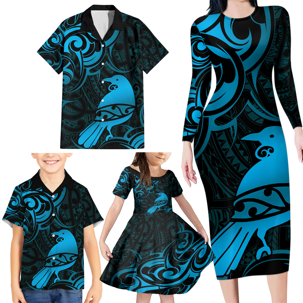 New Zealand Tui Bird Family Matching Long Sleeve Bodycon Dress and Hawaiian Shirt Aotearoa Maori Pattern - Blue LT14 - Polynesian Pride