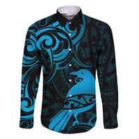 New Zealand Tui Bird Family Matching Long Sleeve Bodycon Dress and Hawaiian Shirt Aotearoa Maori Pattern - Blue LT14 Dad's Shirt - Long Sleeve Blue - Polynesian Pride