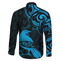 New Zealand Tui Bird Family Matching Long Sleeve Bodycon Dress and Hawaiian Shirt Aotearoa Maori Pattern - Blue LT14 - Polynesian Pride