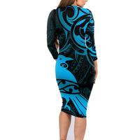 New Zealand Tui Bird Family Matching Long Sleeve Bodycon Dress and Hawaiian Shirt Aotearoa Maori Pattern - Blue LT14 - Polynesian Pride
