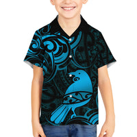 New Zealand Tui Bird Family Matching Long Sleeve Bodycon Dress and Hawaiian Shirt Aotearoa Maori Pattern - Blue LT14 Son's Shirt Blue - Polynesian Pride