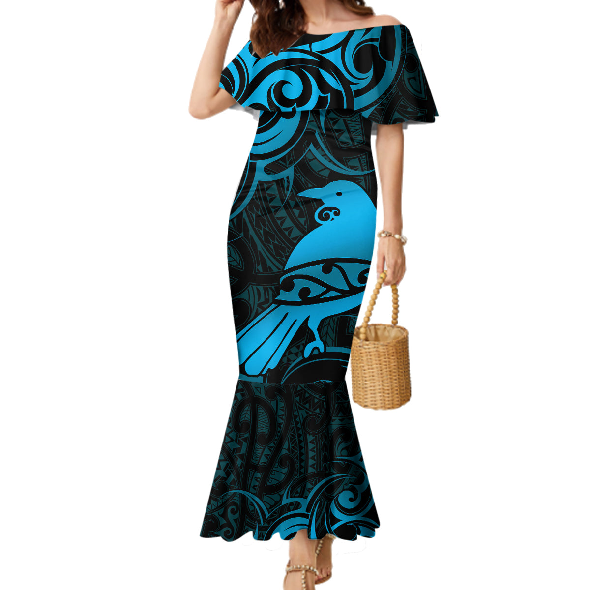 New Zealand Tui Bird Family Matching Mermaid Dress and Hawaiian Shirt Aotearoa Maori Pattern - Blue LT14 Mom's Dress Blue - Polynesian Pride