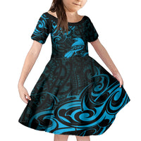 New Zealand Tui Bird Family Matching Short Sleeve Bodycon Dress and Hawaiian Shirt Aotearoa Maori Pattern - Blue LT14 Daughter's Dress Blue - Polynesian Pride
