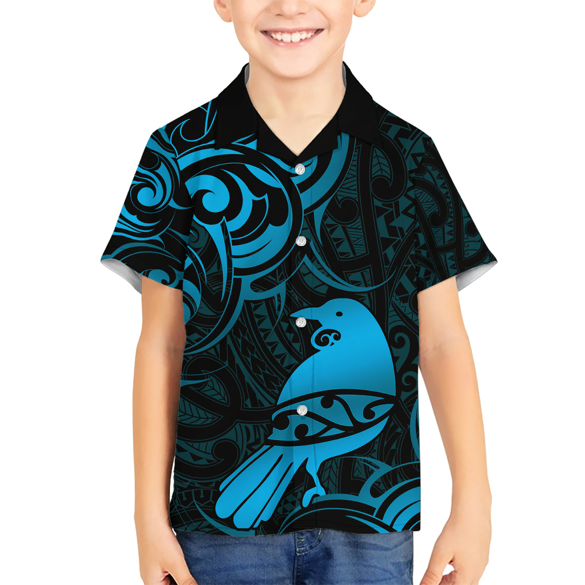 New Zealand Tui Bird Family Matching Short Sleeve Bodycon Dress and Hawaiian Shirt Aotearoa Maori Pattern - Blue LT14 Son's Shirt Blue - Polynesian Pride