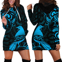 New Zealand Tui Bird Hoodie Dress Aotearoa Maori Pattern - Blue LT14 - Polynesian Pride