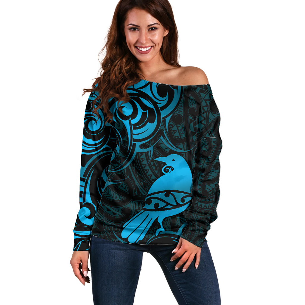 New Zealand Tui Bird Off Shoulder Sweater Aotearoa Maori Pattern - Blue
