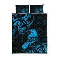 New Zealand Tui Bird Quilt Bed Set Aotearoa Maori Pattern - Blue
