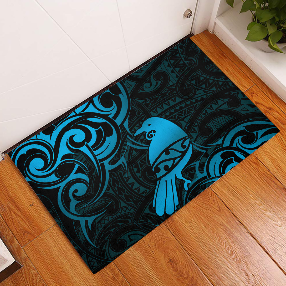New Zealand Tui Bird Rubber Doormat Aotearoa Maori Pattern - Blue