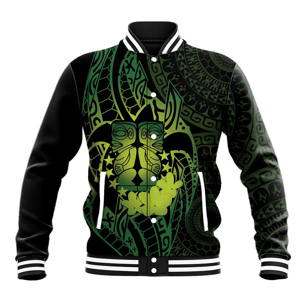 Kia Orana Kuki Airani Baseball Jacket Cook Islands Tangaroa God Tatau Green