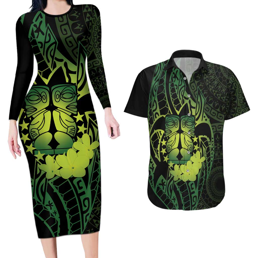Kia Orana Kuki Airani Couples Matching Long Sleeve Bodycon Dress and Hawaiian Shirt Cook Islands Tangaroa God Tatau Green