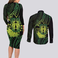 Kia Orana Kuki Airani Couples Matching Long Sleeve Bodycon Dress and Long Sleeve Button Shirt Cook Islands Tangaroa God Tatau Green