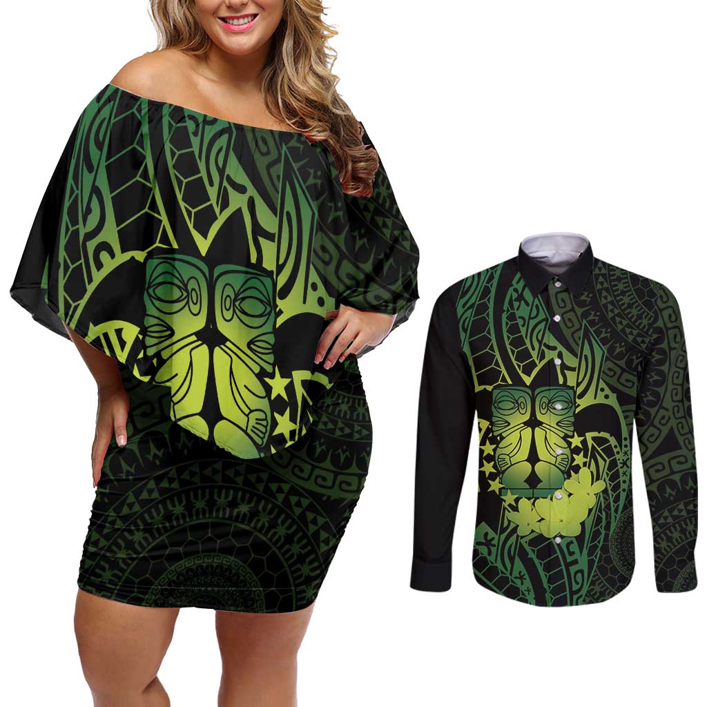 Kia Orana Kuki Airani Couples Matching Off Shoulder Short Dress and Long Sleeve Button Shirt Cook Islands Tangaroa God Tatau Green