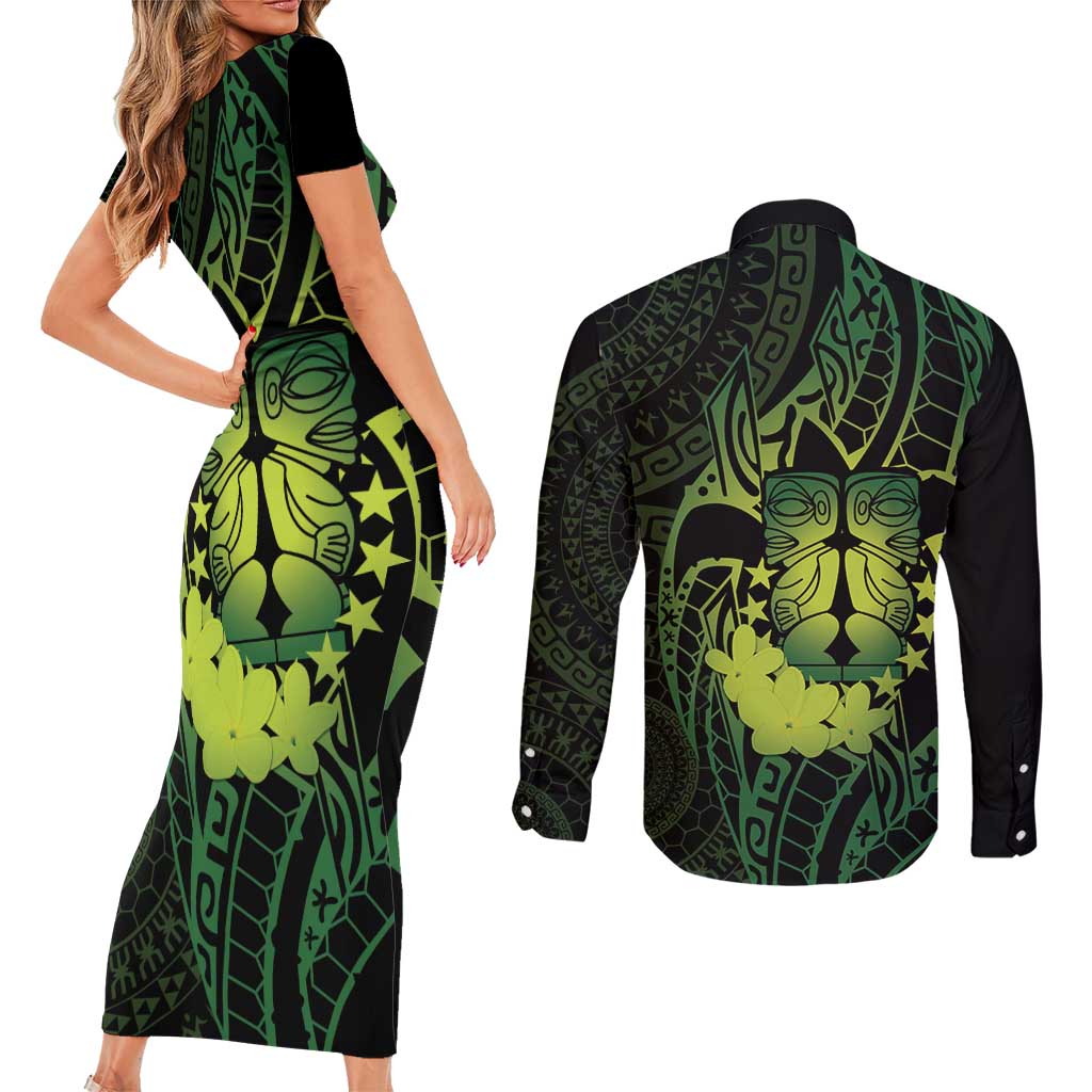 Kia Orana Kuki Airani Couples Matching Short Sleeve Bodycon Dress and Long Sleeve Button Shirt Cook Islands Tangaroa God Tatau Green