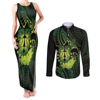 Kia Orana Kuki Airani Couples Matching Tank Maxi Dress and Long Sleeve Button Shirt Cook Islands Tangaroa God Tatau Green