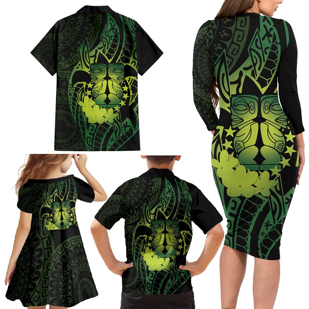 Kia Orana Kuki Airani Family Matching Long Sleeve Bodycon Dress and Hawaiian Shirt Cook Islands Tangaroa God Tatau Green