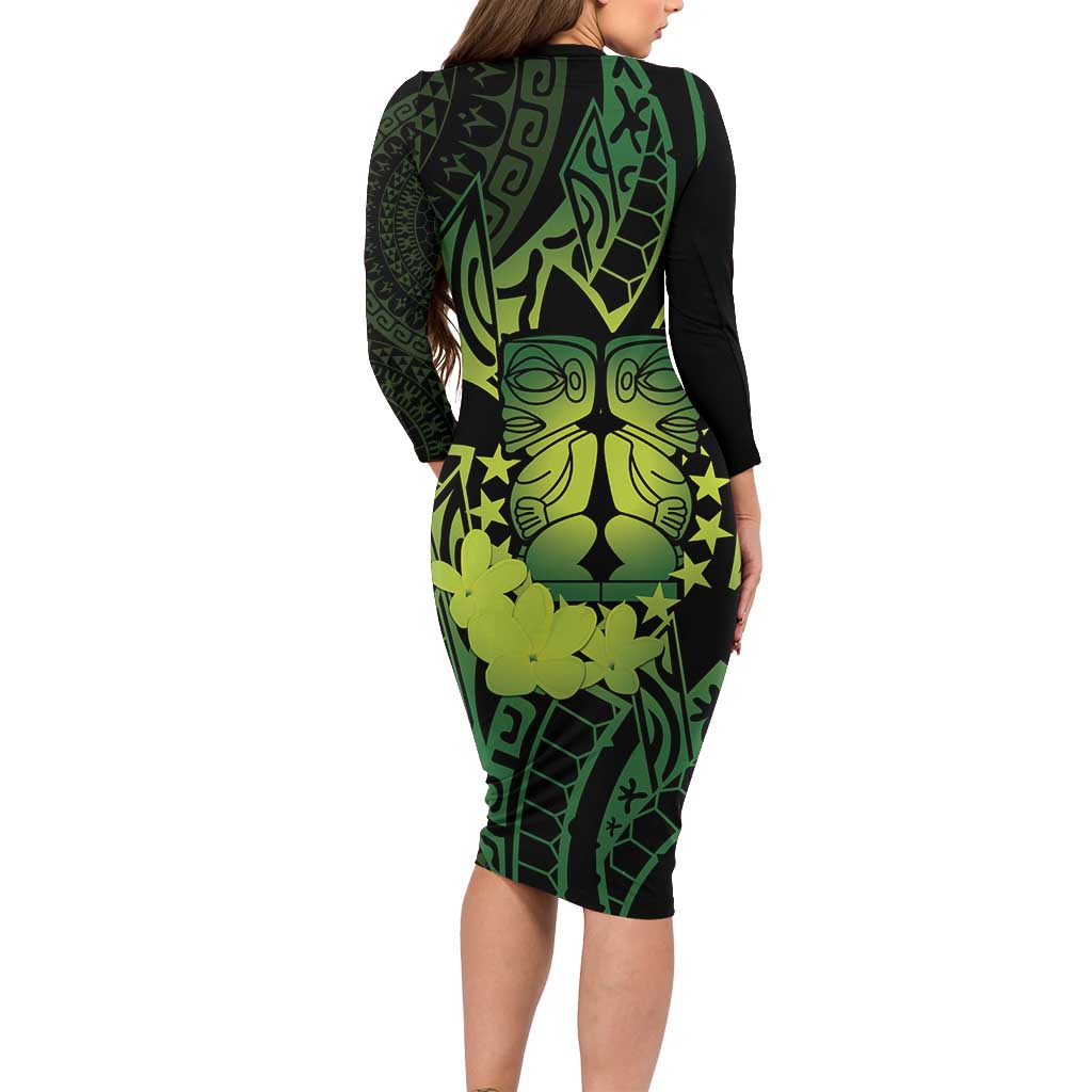 Kia Orana Kuki Airani Family Matching Long Sleeve Bodycon Dress and Hawaiian Shirt Cook Islands Tangaroa God Tatau Green