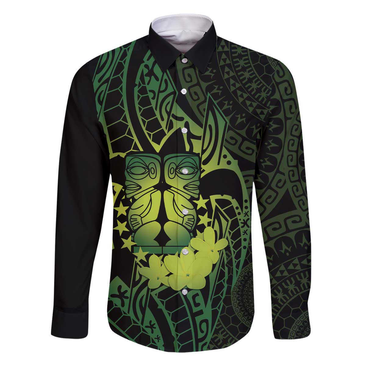 Kia Orana Kuki Airani Family Matching Off The Shoulder Long Sleeve Dress and Hawaiian Shirt Cook Islands Tangaroa God Tatau Green