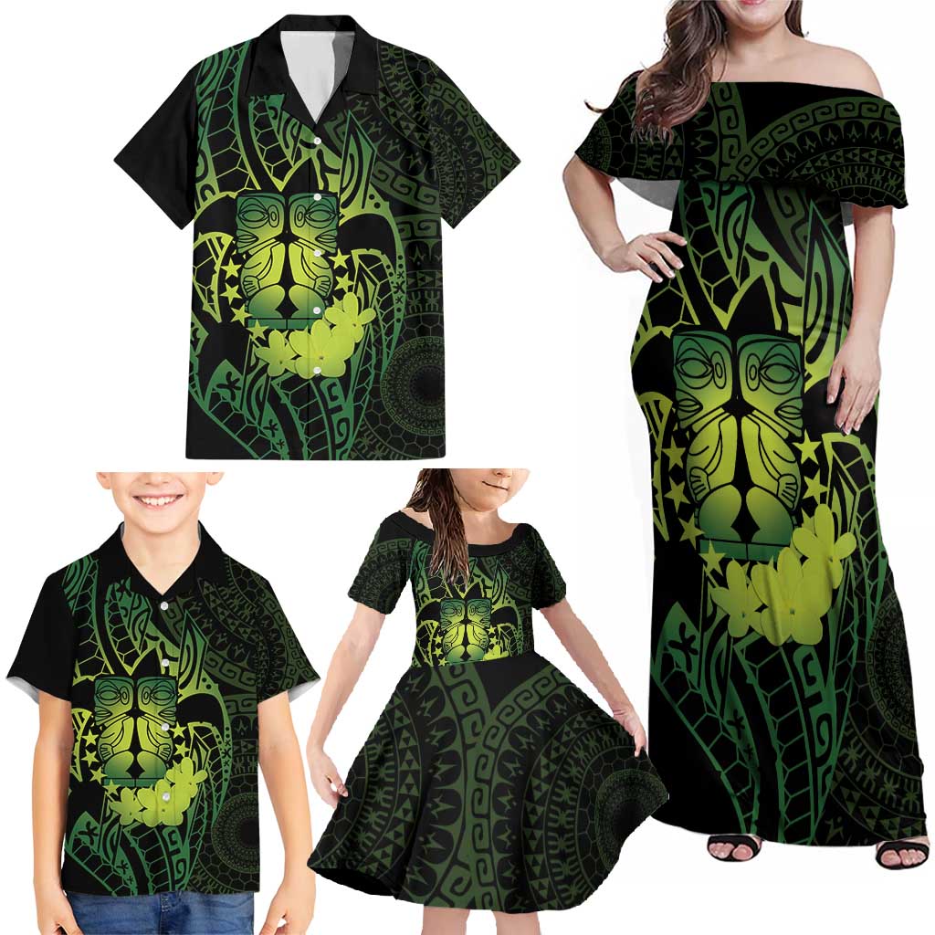 Kia Orana Kuki Airani Family Matching Off Shoulder Maxi Dress and Hawaiian Shirt Cook Islands Tangaroa God Tatau Green