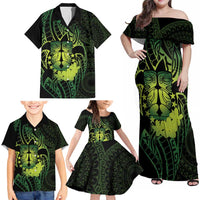 Kia Orana Kuki Airani Family Matching Off Shoulder Maxi Dress and Hawaiian Shirt Cook Islands Tangaroa God Tatau Green