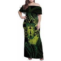 Kia Orana Kuki Airani Family Matching Off Shoulder Maxi Dress and Hawaiian Shirt Cook Islands Tangaroa God Tatau Green