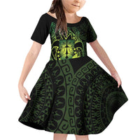 Kia Orana Kuki Airani Family Matching Off Shoulder Short Dress and Hawaiian Shirt Cook Islands Tangaroa God Tatau Green