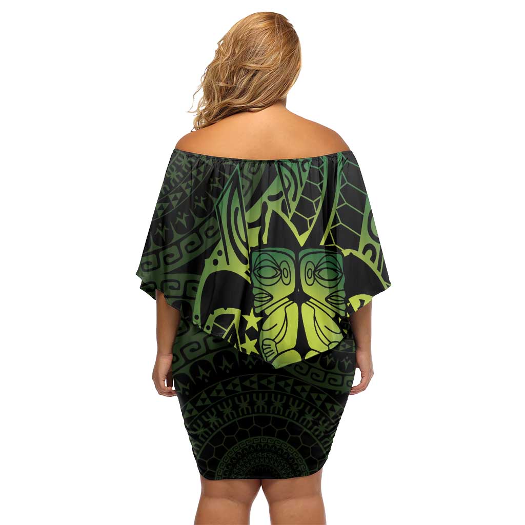 Kia Orana Kuki Airani Family Matching Off Shoulder Short Dress and Hawaiian Shirt Cook Islands Tangaroa God Tatau Green