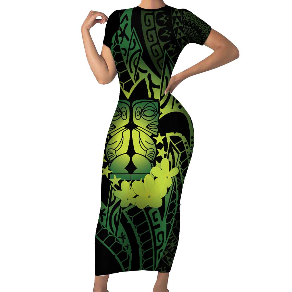 Kia Orana Kuki Airani Family Matching Short Sleeve Bodycon Dress and Hawaiian Shirt Cook Islands Tangaroa God Tatau Green