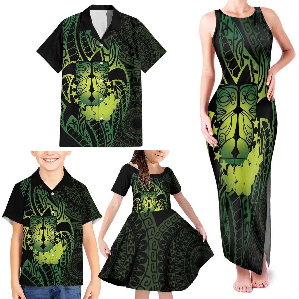 Kia Orana Kuki Airani Family Matching Tank Maxi Dress and Hawaiian Shirt Cook Islands Tangaroa God Tatau Green