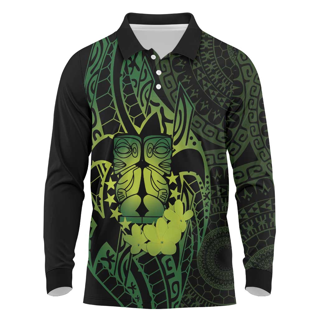 Kia Orana Kuki Airani Long Sleeve Polo Shirt Cook Islands Tangaroa God Tatau Green