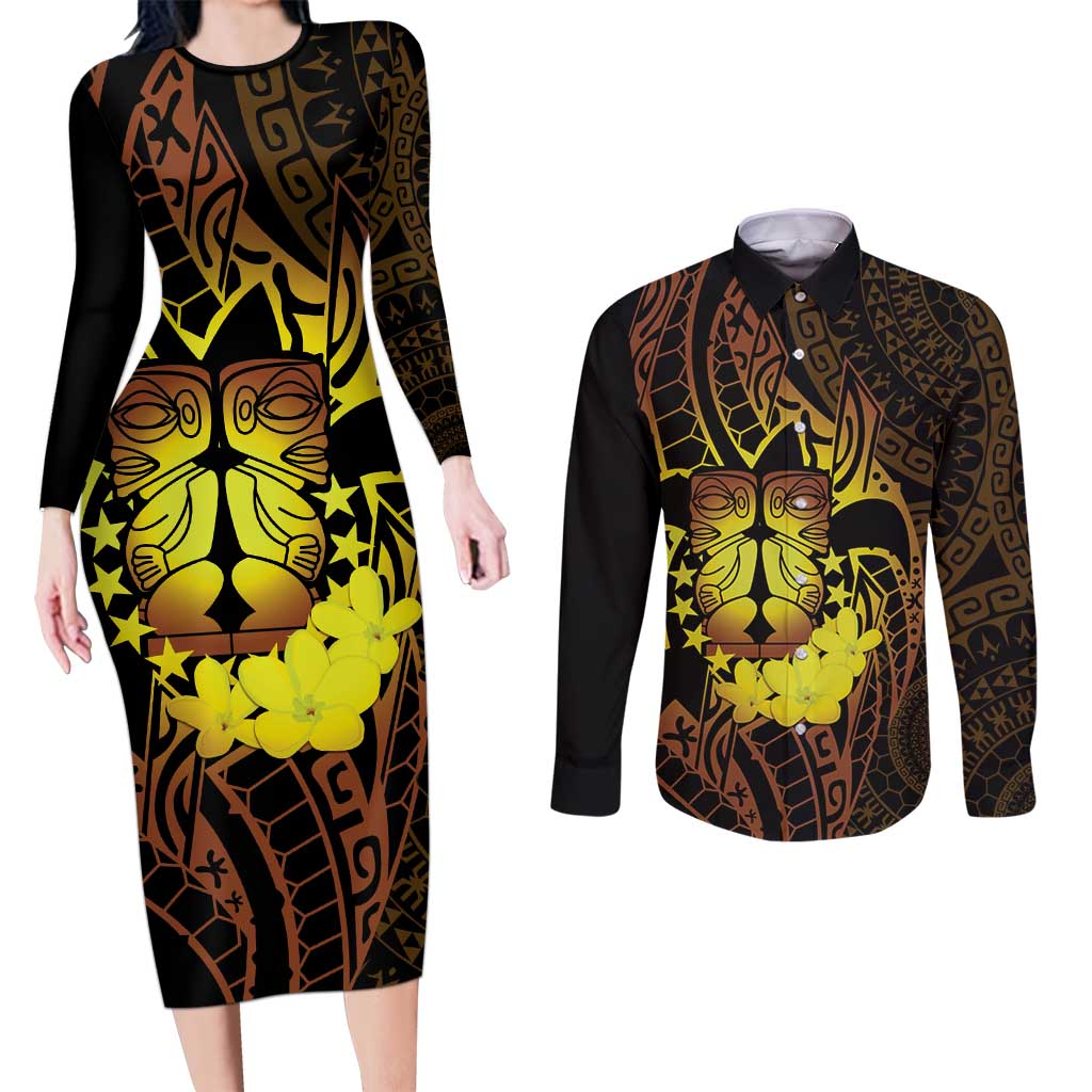Kia Orana Kuki Airani Couples Matching Long Sleeve Bodycon Dress and Long Sleeve Button Shirt Cook Islands Tangaroa God Tatau Gold