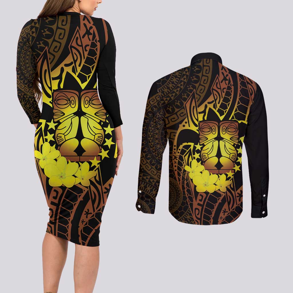 Kia Orana Kuki Airani Couples Matching Long Sleeve Bodycon Dress and Long Sleeve Button Shirt Cook Islands Tangaroa God Tatau Gold