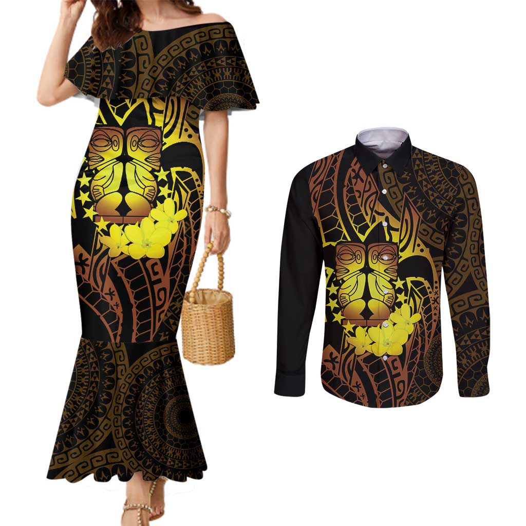Kia Orana Kuki Airani Couples Matching Mermaid Dress and Long Sleeve Button Shirt Cook Islands Tangaroa God Tatau Gold