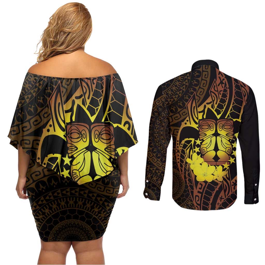 Kia Orana Kuki Airani Couples Matching Off Shoulder Short Dress and Long Sleeve Button Shirt Cook Islands Tangaroa God Tatau Gold