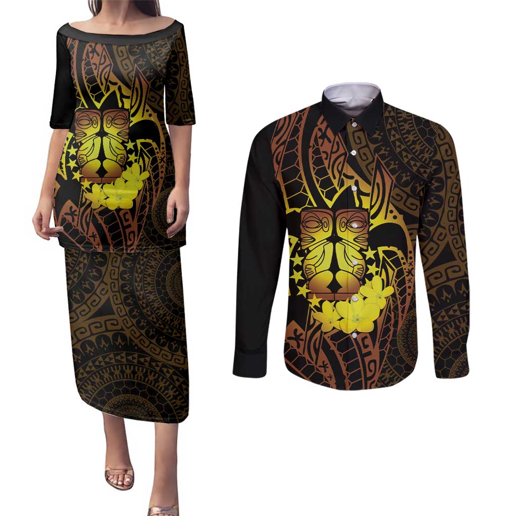Kia Orana Kuki Airani Couples Matching Puletasi and Long Sleeve Button Shirt Cook Islands Tangaroa God Tatau Gold