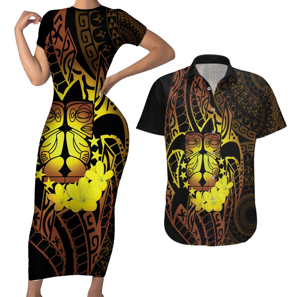 Kia Orana Kuki Airani Couples Matching Short Sleeve Bodycon Dress and Hawaiian Shirt Cook Islands Tangaroa God Tatau Gold