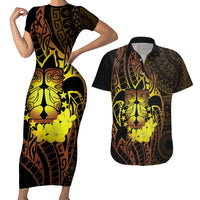Kia Orana Kuki Airani Couples Matching Short Sleeve Bodycon Dress and Hawaiian Shirt Cook Islands Tangaroa God Tatau Gold
